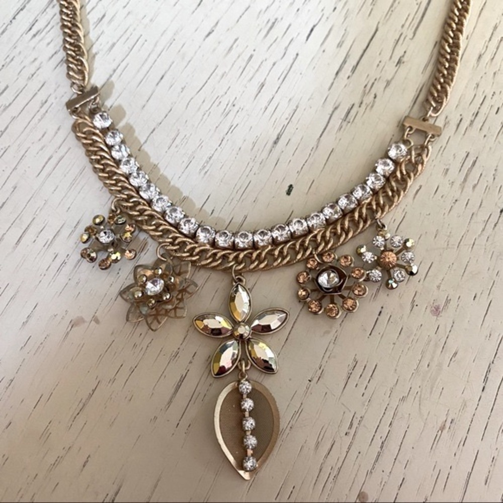 Gold Tone Necklace with Rhinestones and Flower Charms - Picture 2 of 2